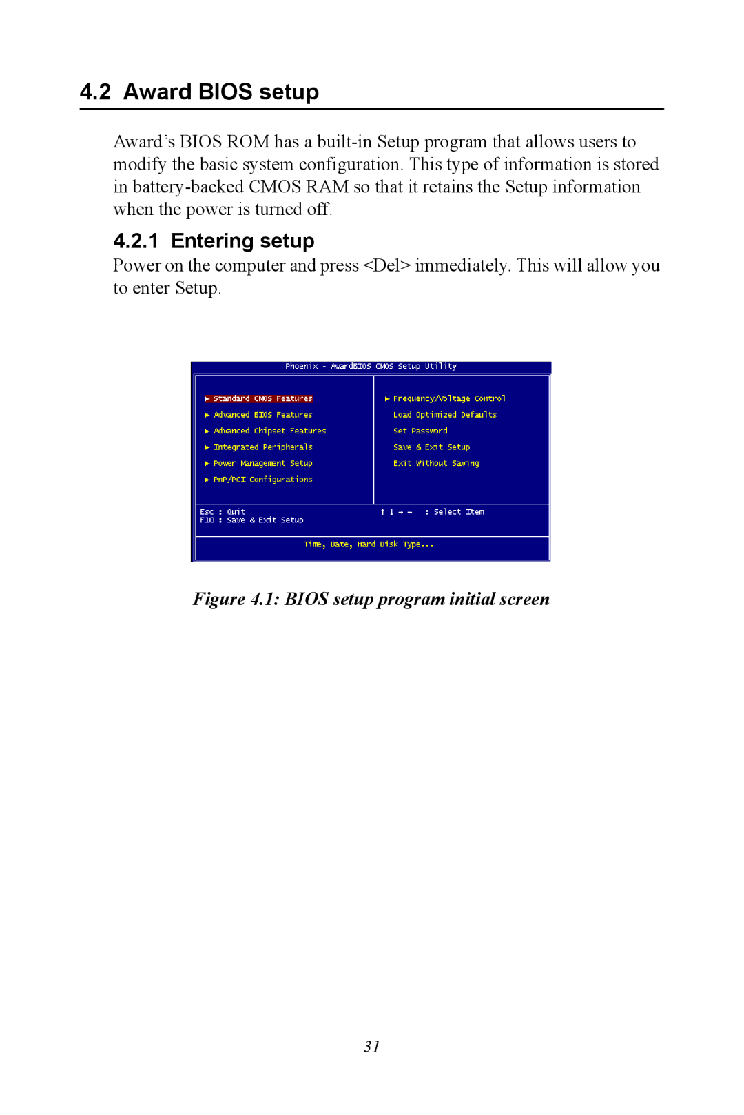 Intel M600 user manual Award Bios setup, Entering setup 