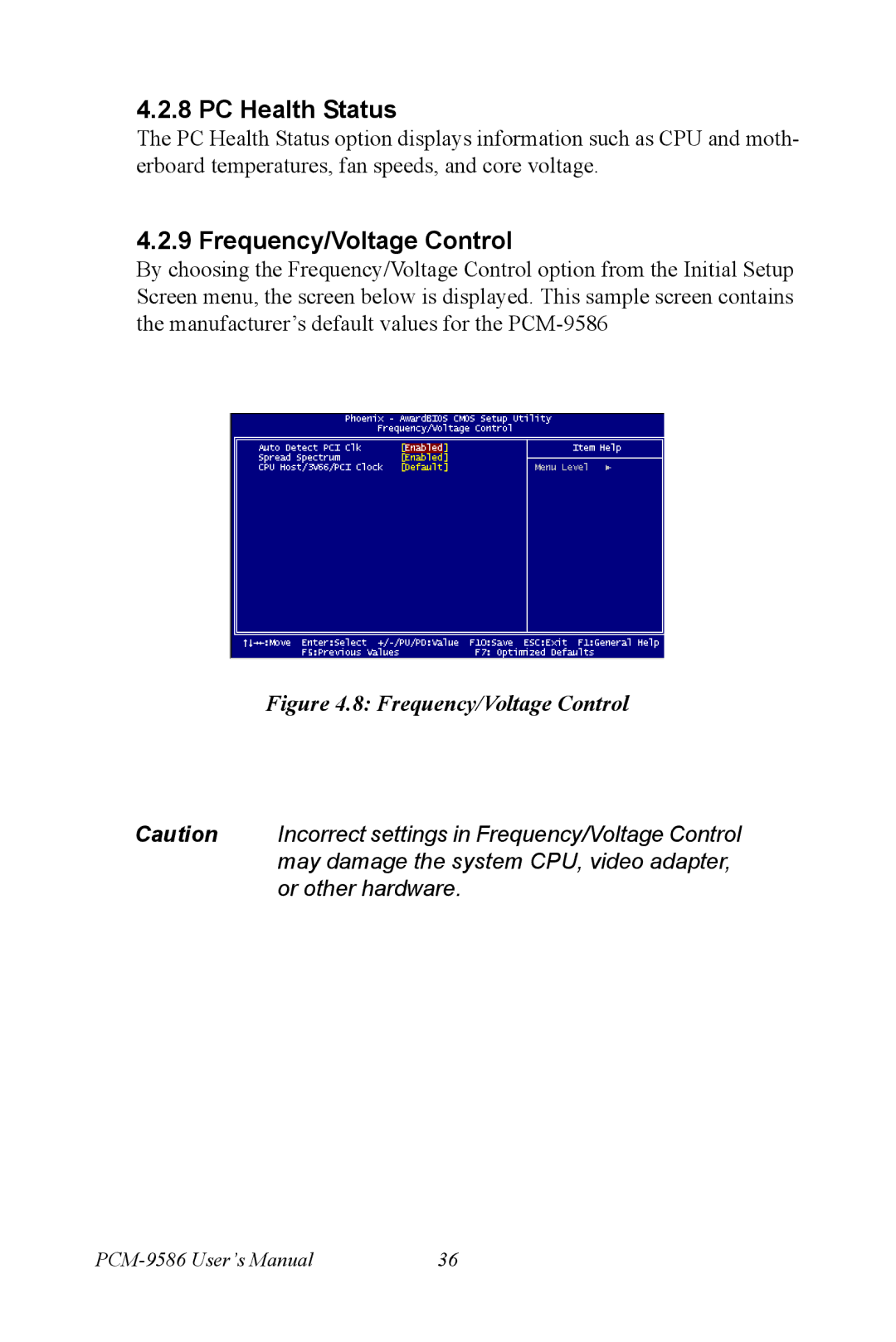 Intel M600 user manual PC Health Status, Frequency/Voltage Control 