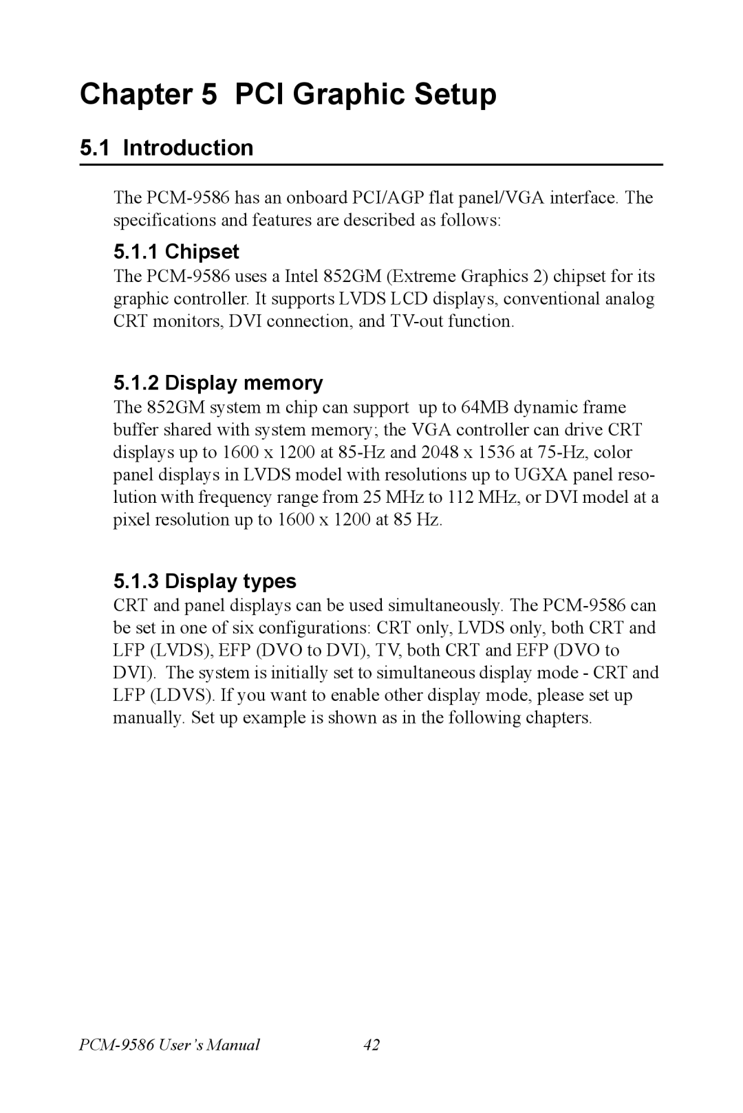 Intel M600 user manual PCI Graphic Setup, Chipset, Display memory, Display types 