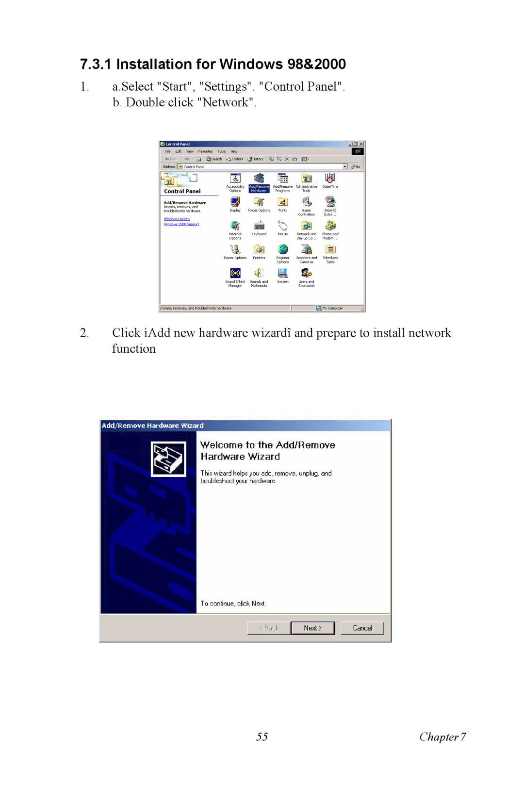 Intel M600 user manual Installation for Windows 98&2000 