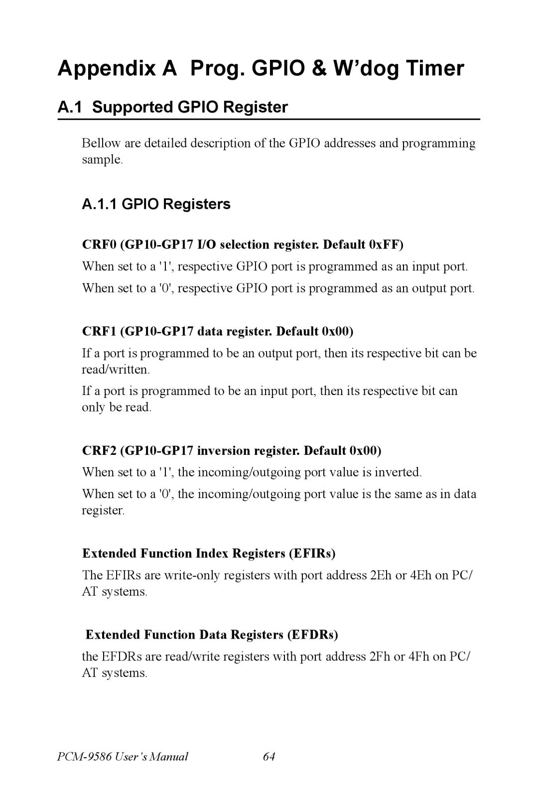 Intel M600 user manual Appendix a Prog. Gpio & W’dog Timer, Supported Gpio Register, Gpio Registers 