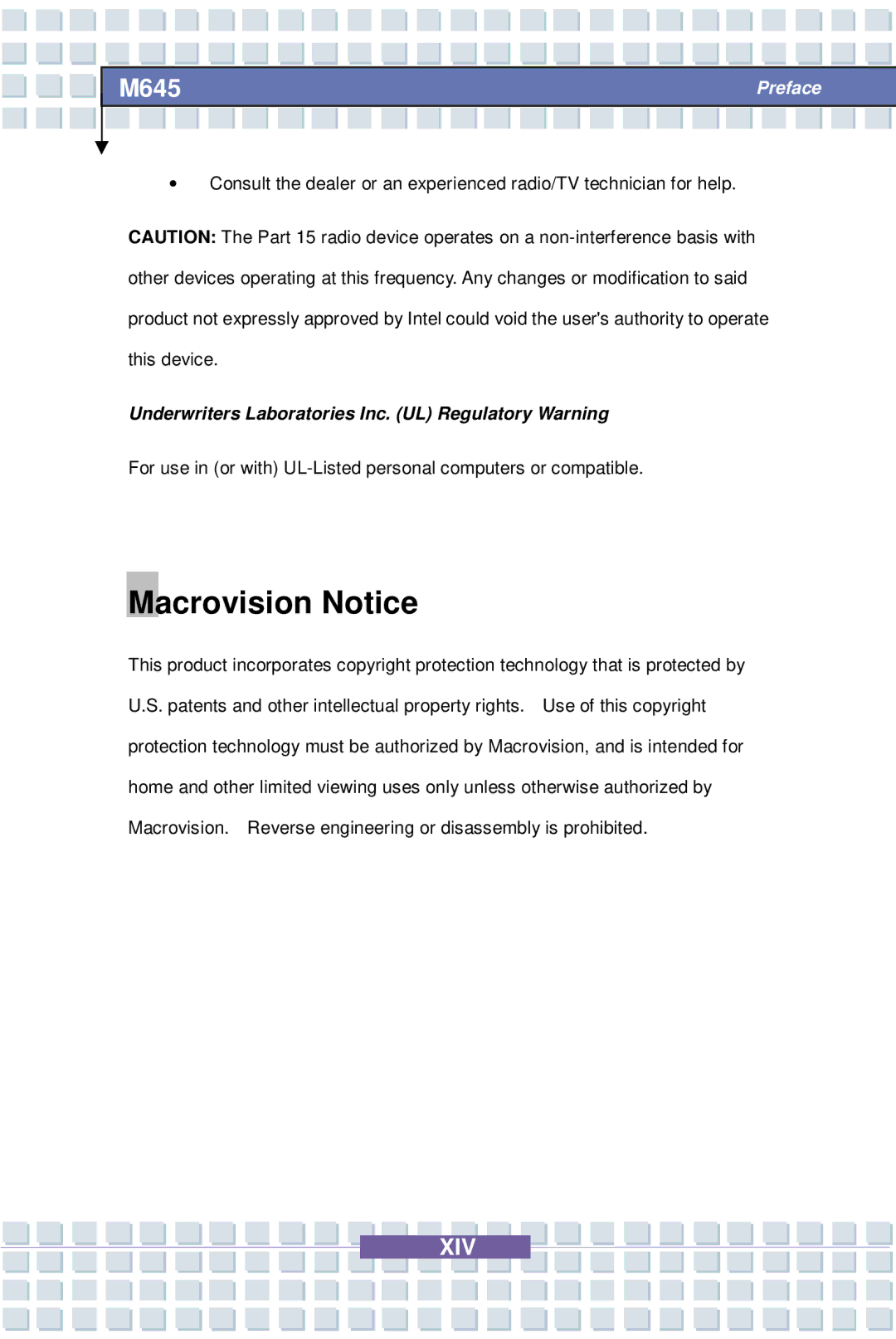 Intel MS-1032, M645 Preface, G52-B1032X1 manual Macrovision Notice, Underwriters Laboratories Inc. UL Regulatory Warning 