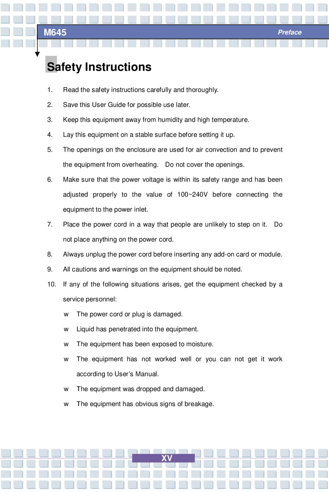 Intel M645 Preface, G52-B1032X1, MS-1032 manual Safety Instructions 