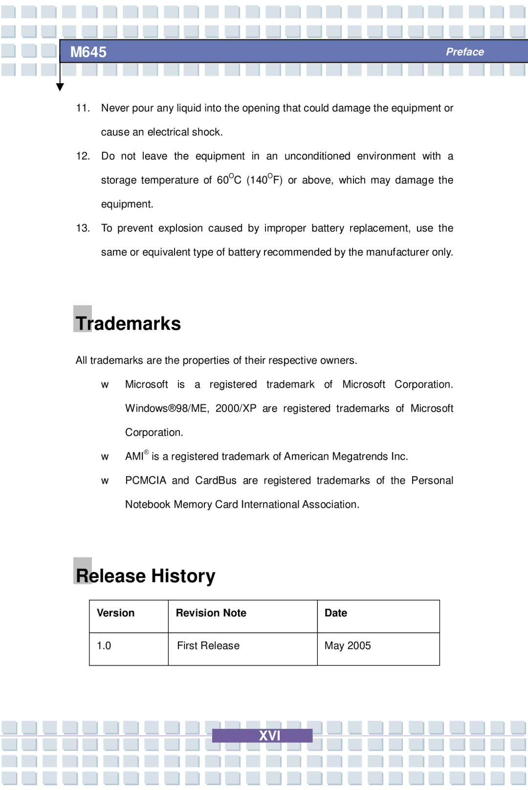 Intel G52-B1032X1, M645 Preface, MS-1032 manual Trademarks, Release History, Version Revision Note Date First Release May 