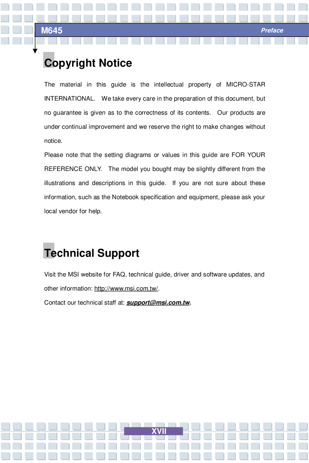 Intel MS-1032, M645 Preface, G52-B1032X1 manual Copyright Notice, Technical Support 