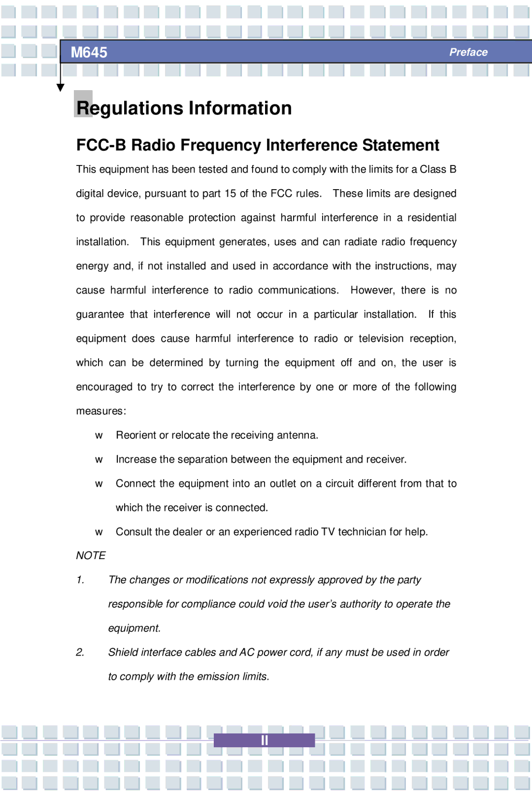 Intel MS-1032, M645 Preface, G52-B1032X1 manual Regulations Information, FCC-B Radio Frequency Interference Statement 