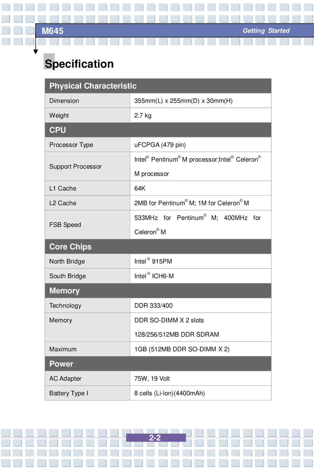 Intel MS-1032, M645 Preface, G52-B1032X1 manual Specification, Cpu 