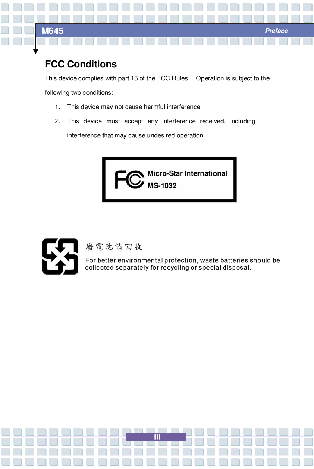 Intel M645 Preface, G52-B1032X1, MS-1032 manual FCC Conditions 