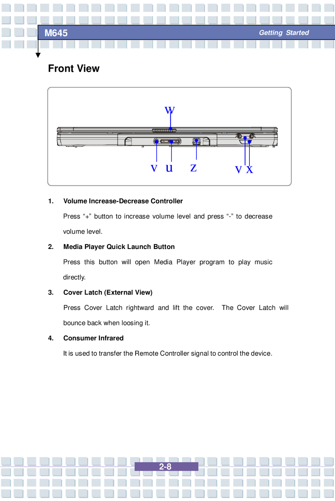 Intel MS-1032 Front View, Volume Increase-Decrease Controller, Media Player Quick Launch Button, Cover Latch External View 