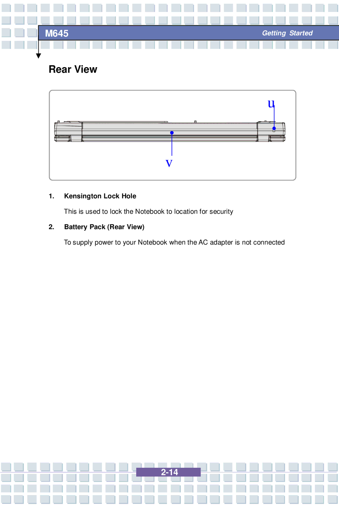 Intel MS-1032, M645 Preface, G52-B1032X1 manual Kensington Lock Hole, Battery Pack Rear View 