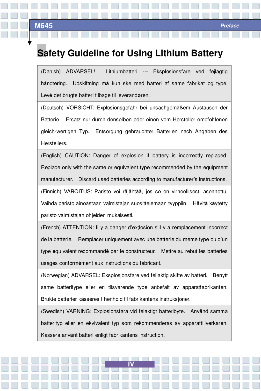 Intel G52-B1032X1, M645 Preface, MS-1032 manual Safety Guideline for Using Lithium Battery 