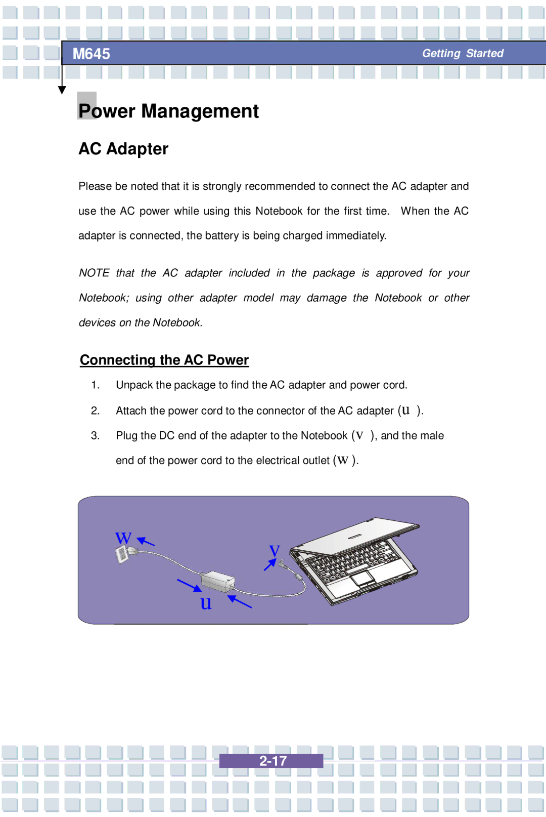 Intel MS-1032, M645 Preface, G52-B1032X1 manual Power Management, AC Adapter, Connecting the AC Power 