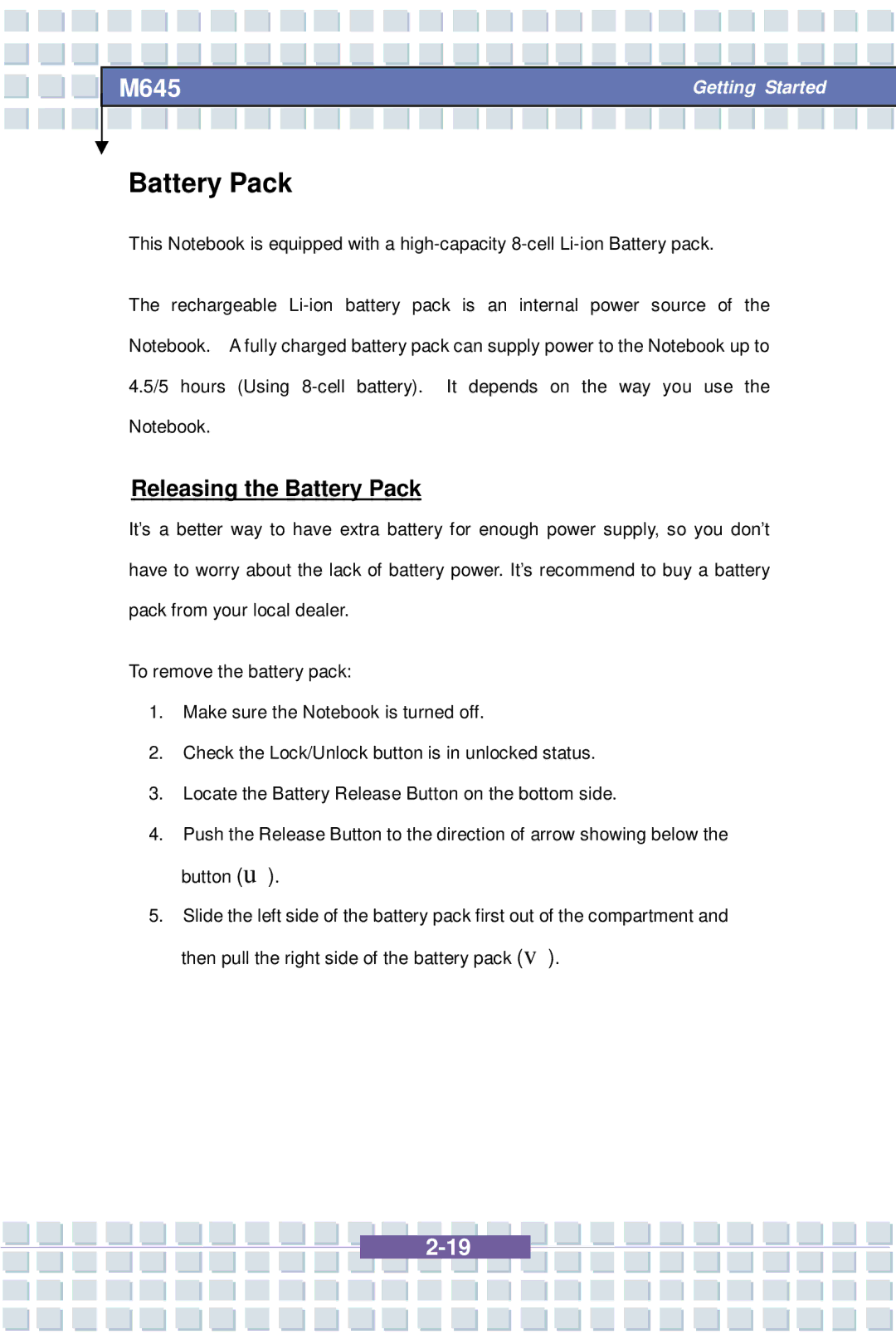 Intel G52-B1032X1, M645 Preface, MS-1032 manual Releasing the Battery Pack 