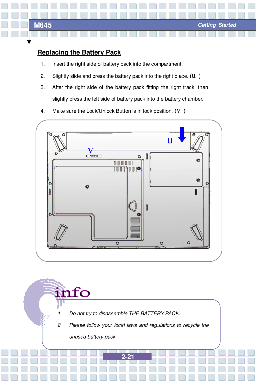 Intel M645 Preface, G52-B1032X1, MS-1032 manual Replacing the Battery Pack 