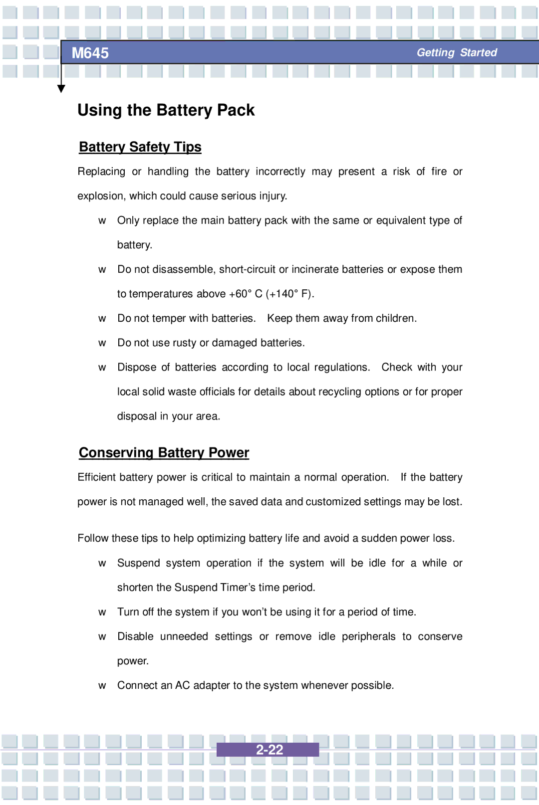 Intel G52-B1032X1, M645 Preface, MS-1032 manual Using the Battery Pack, Battery Safety Tips, Conserving Battery Power 