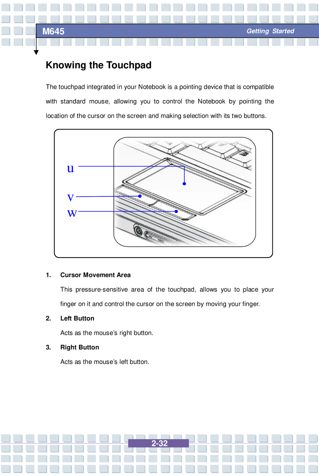 Intel MS-1032, M645 Preface, G52-B1032X1 manual Knowing the Touchpad, Cursor Movement Area, Left Button, Right Button 