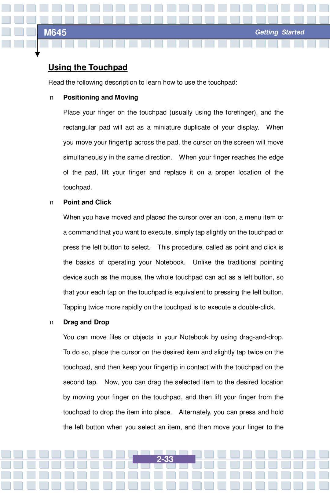 Intel M645 Preface, G52-B1032X1, MS-1032 manual Using the Touchpad, Positioning and Moving, Point and Click, Drag and Drop 