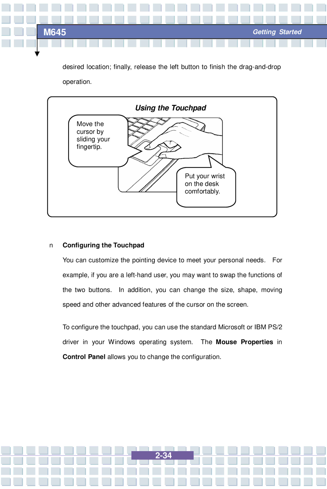 Intel G52-B1032X1, M645 Preface, MS-1032 manual Using the Touchpad, Configuring the Touchpad 