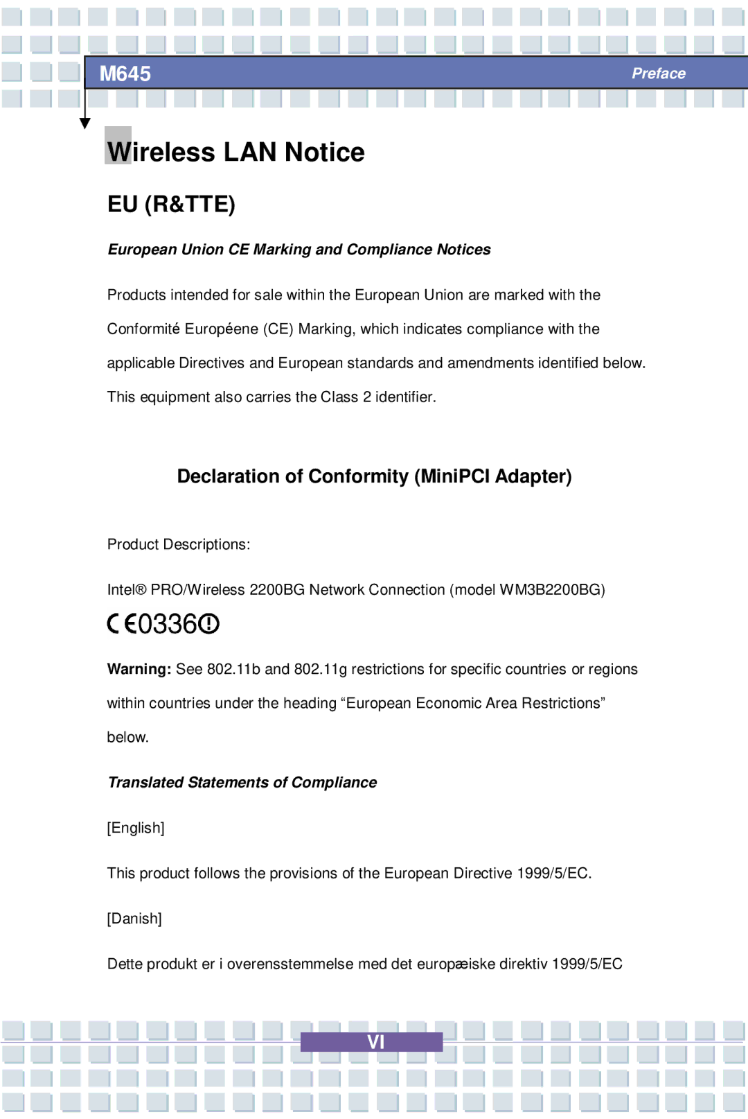 Intel M645 Preface Wireless LAN Notice, Declaration of Conformity MiniPCI Adapter, Translated Statements of Compliance 