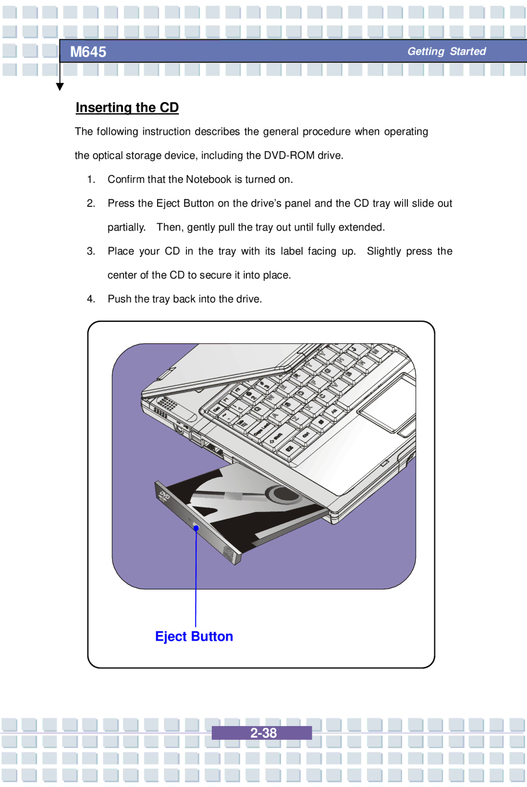 Intel MS-1032, M645 Preface, G52-B1032X1 manual Inserting the CD, Eject Button 