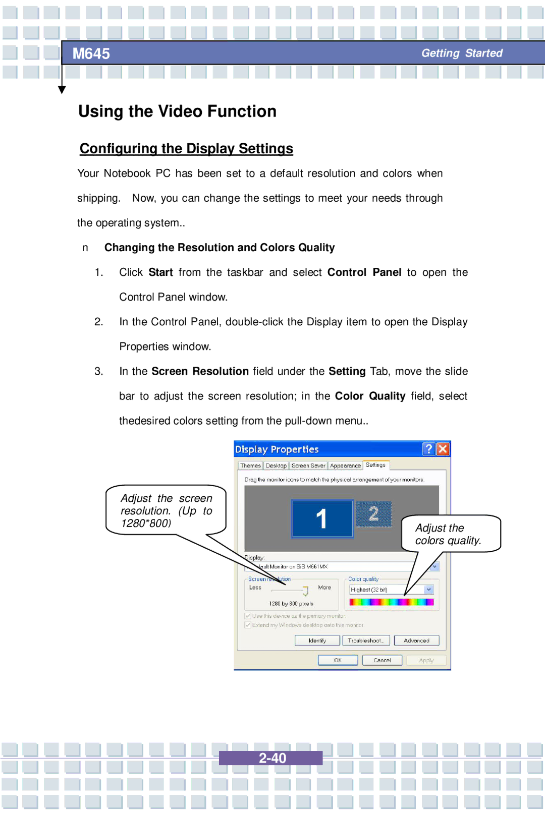 Intel G52-B1032X1 Using the Video Function, Configuring the Display Settings, Changing the Resolution and Colors Quality 