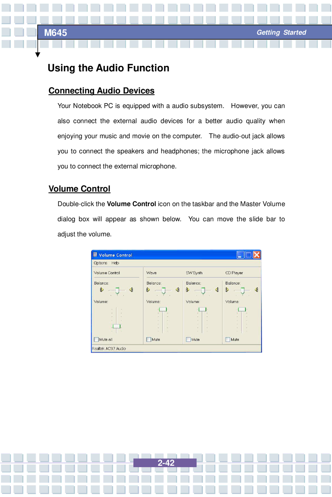 Intel M645 Preface, G52-B1032X1, MS-1032 manual Using the Audio Function, Connecting Audio Devices, Volume Control 