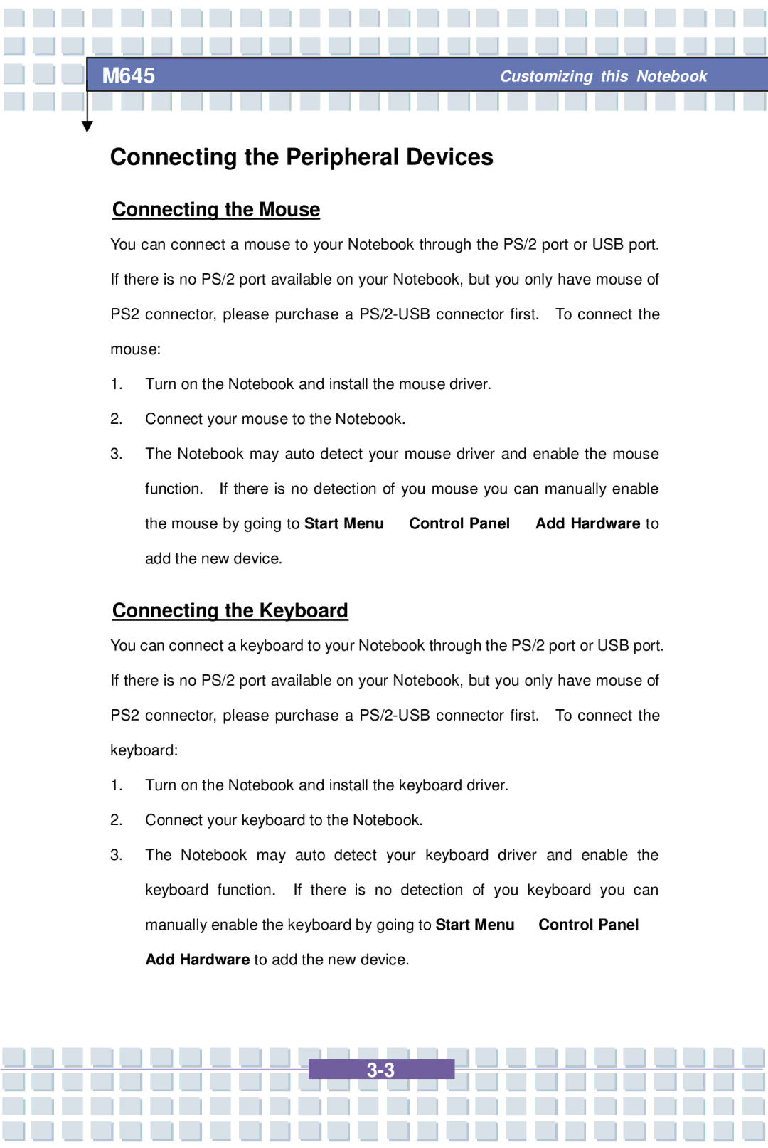 Intel M645 Preface, G52-B1032X1, MS-1032 Connecting the Peripheral Devices, Connecting the Mouse, Connecting the Keyboard 