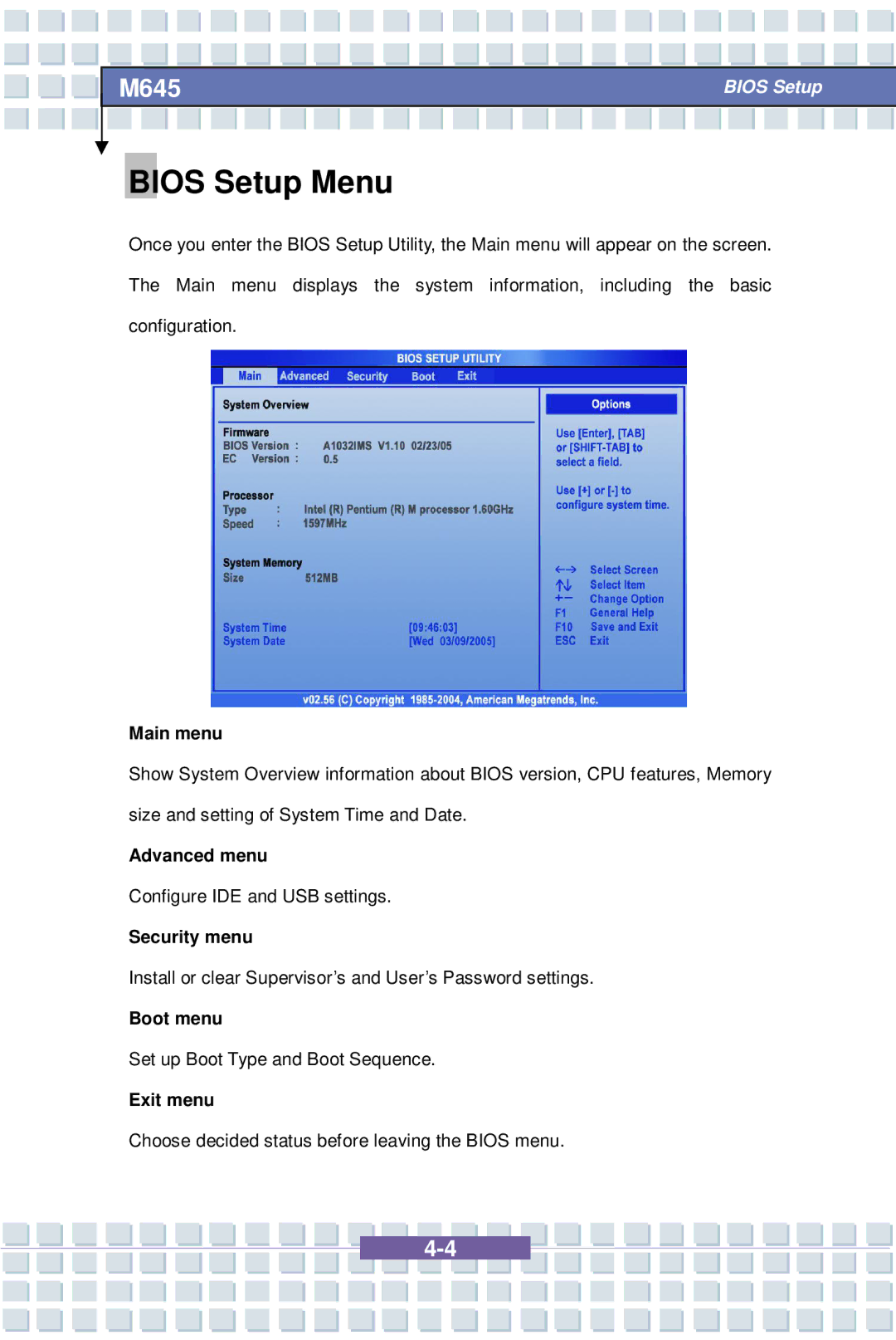 Intel MS-1032, M645 Preface, G52-B1032X1 manual Bios Setup Menu 