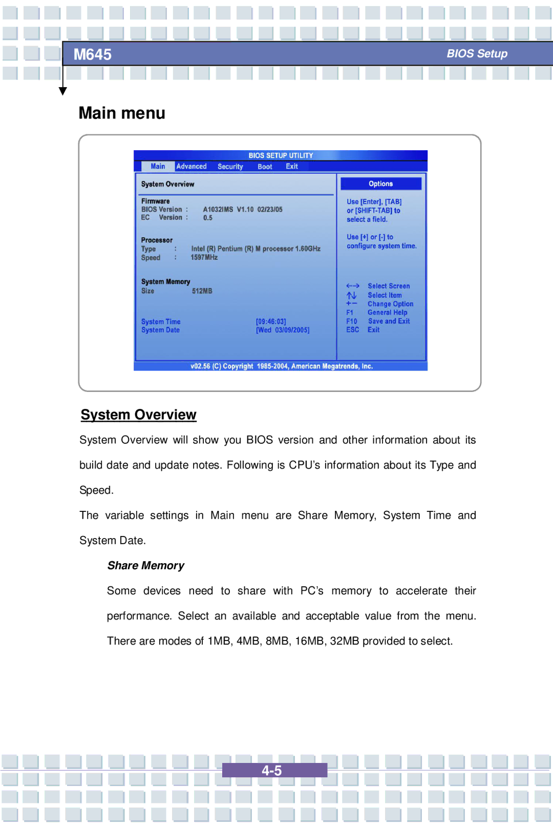 Intel M645 Preface, G52-B1032X1, MS-1032 manual Main menu, System Overview, Share Memory 