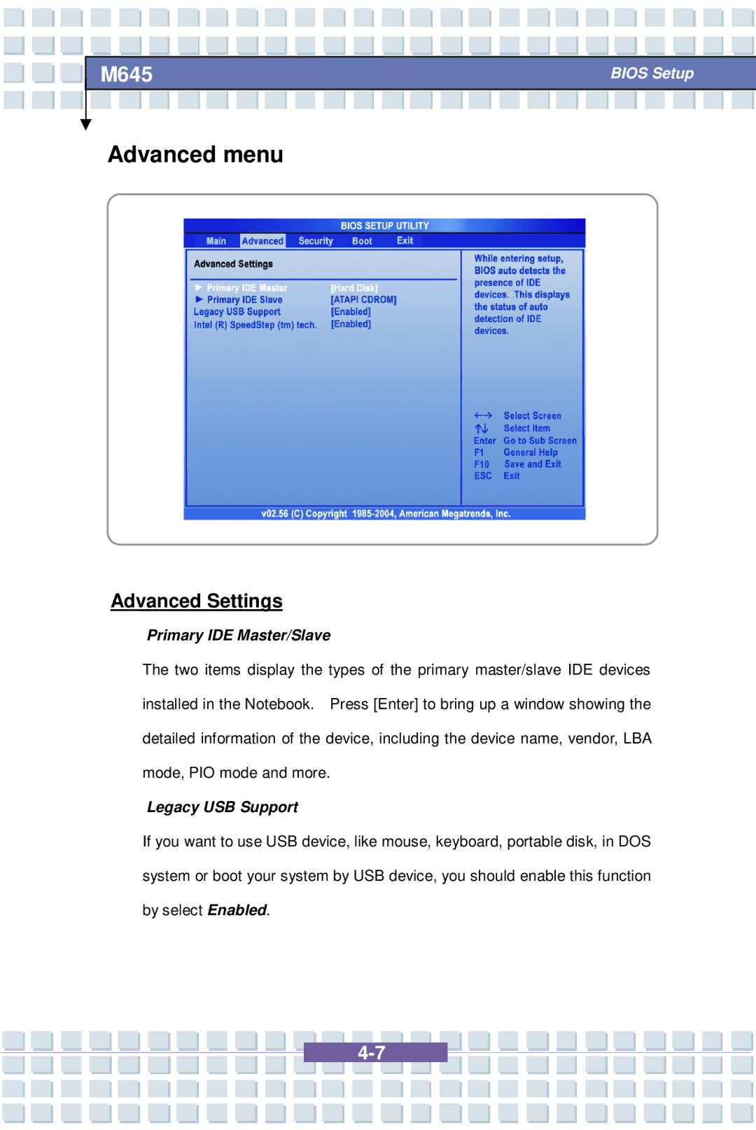 Intel MS-1032, M645 Preface, G52-B1032X1 Advanced menu, Advanced Settings, Primary IDE Master/Slave, Legacy USB Support 