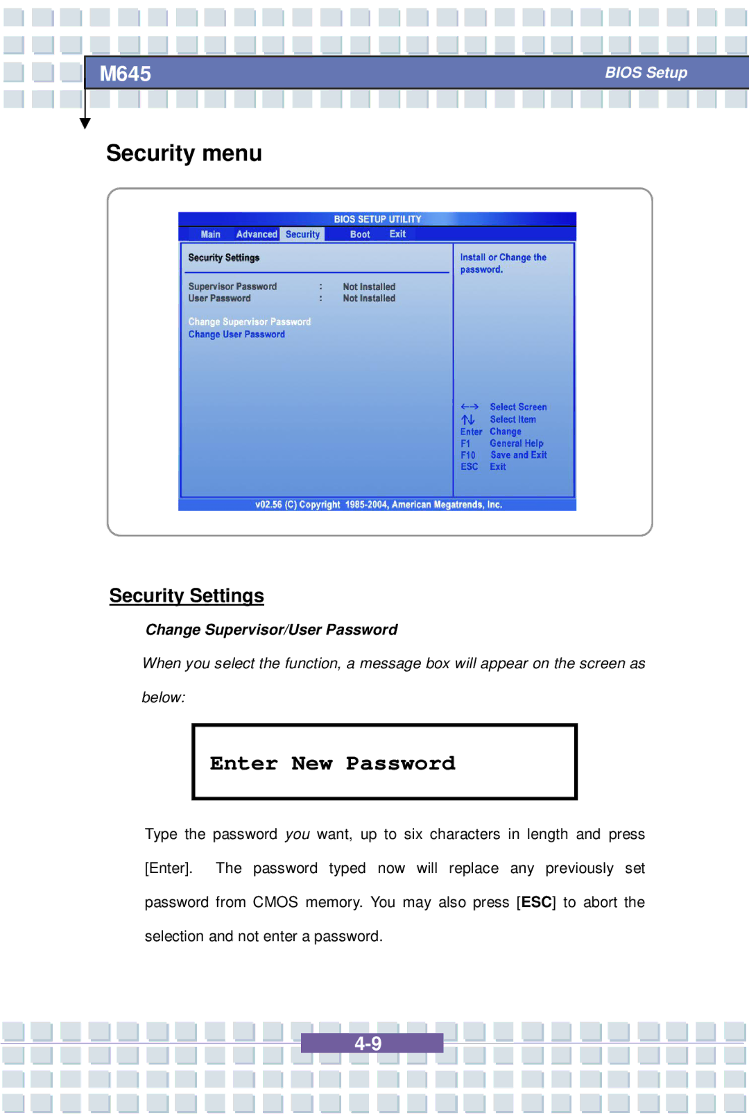 Intel G52-B1032X1, M645 Preface, MS-1032 manual Security menu, Security Settings, Change Supervisor/User Password 