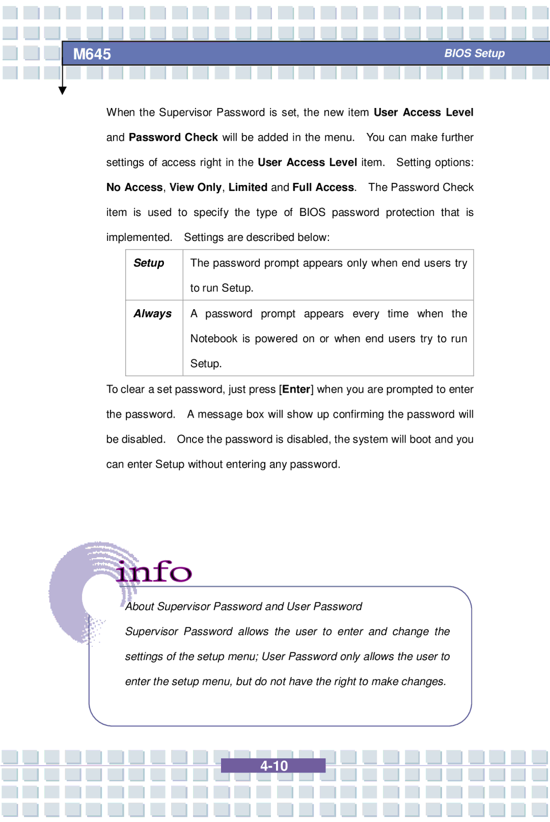 Intel MS-1032, M645 Preface, G52-B1032X1 manual About Supervisor Password and User Password 