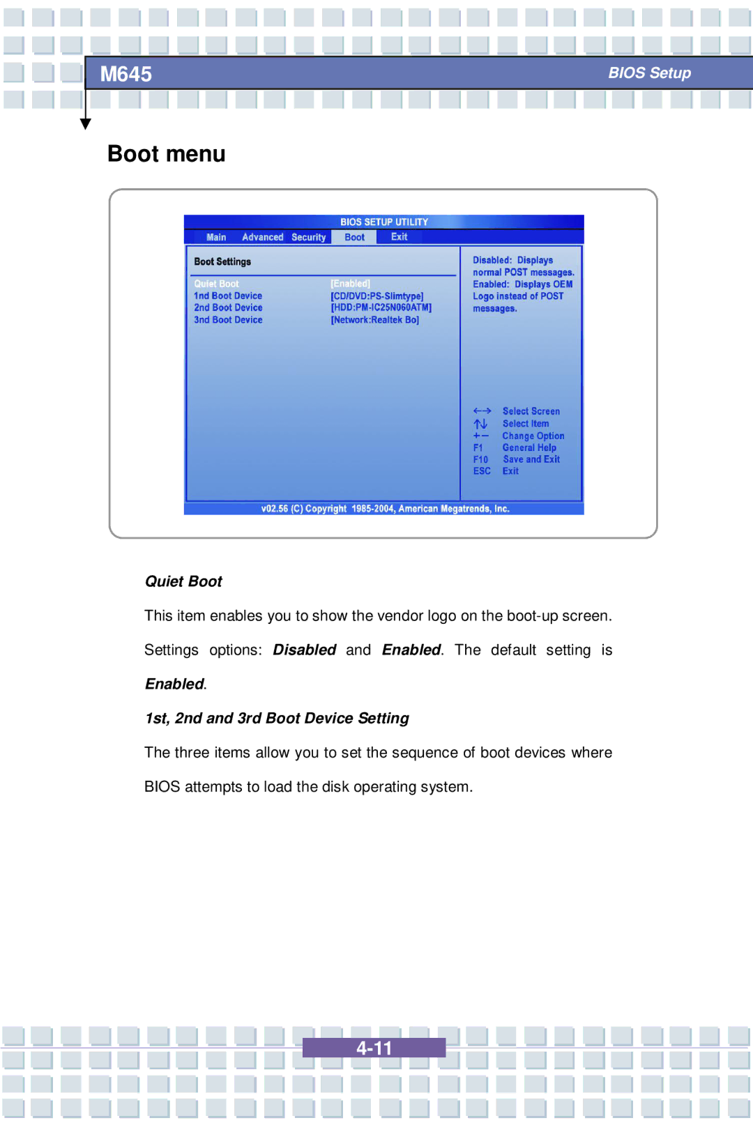 Intel M645 Preface, G52-B1032X1, MS-1032 manual Boot menu, Quiet Boot, Enabled 1st, 2nd and 3rd Boot Device Setting 