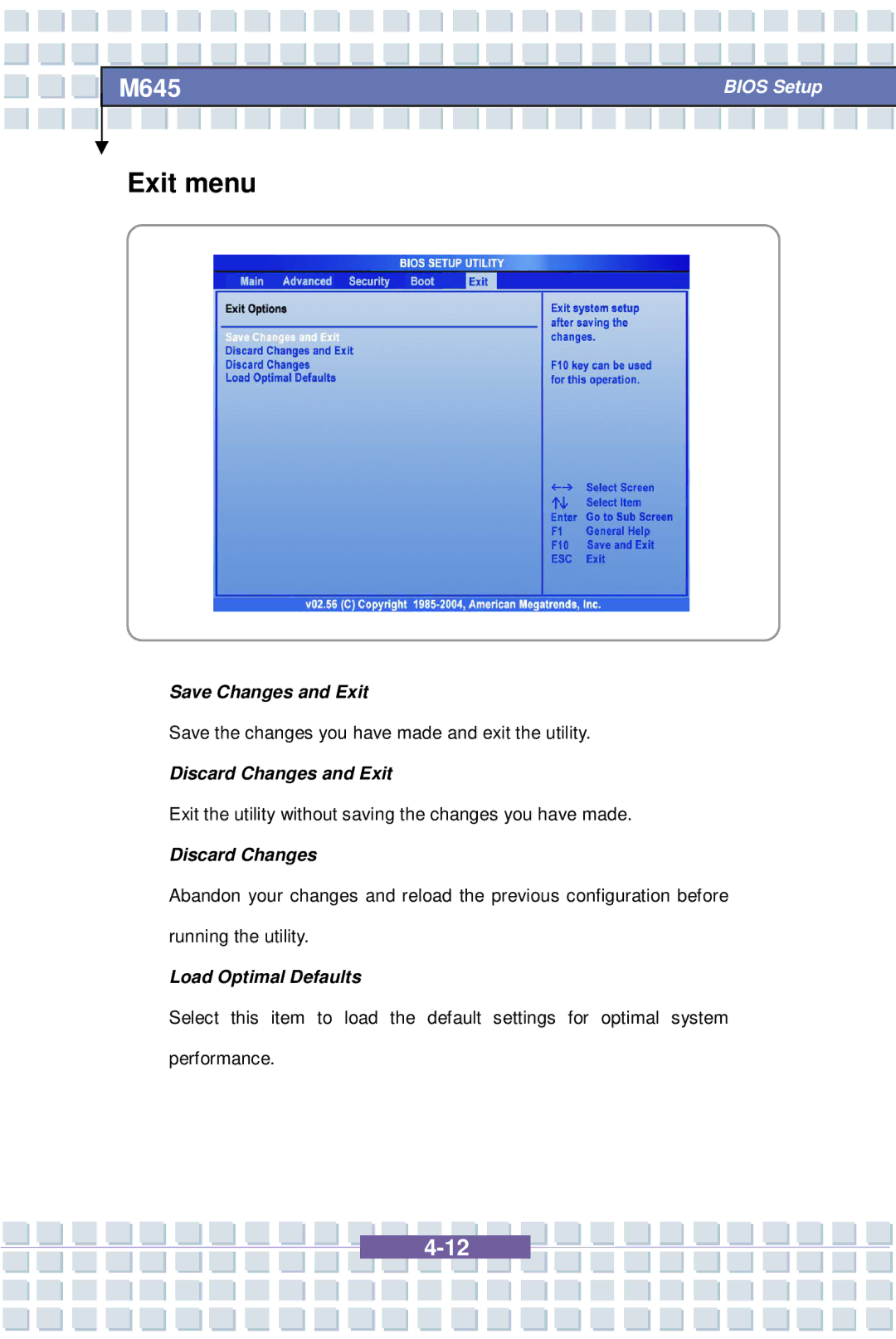 Intel G52-B1032X1, M645 Preface, MS-1032 Exit menu, Save Changes and Exit, Discard Changes and Exit, Load Optimal Defaults 