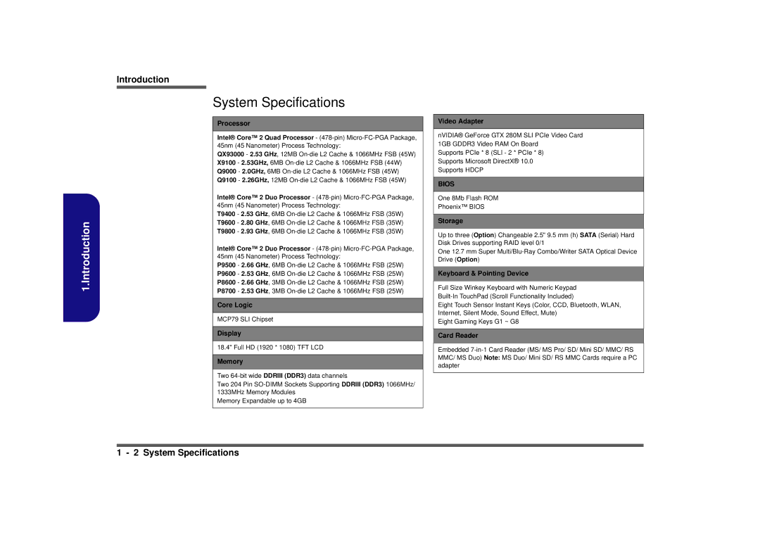 Intel M980NU manual System Specifications 