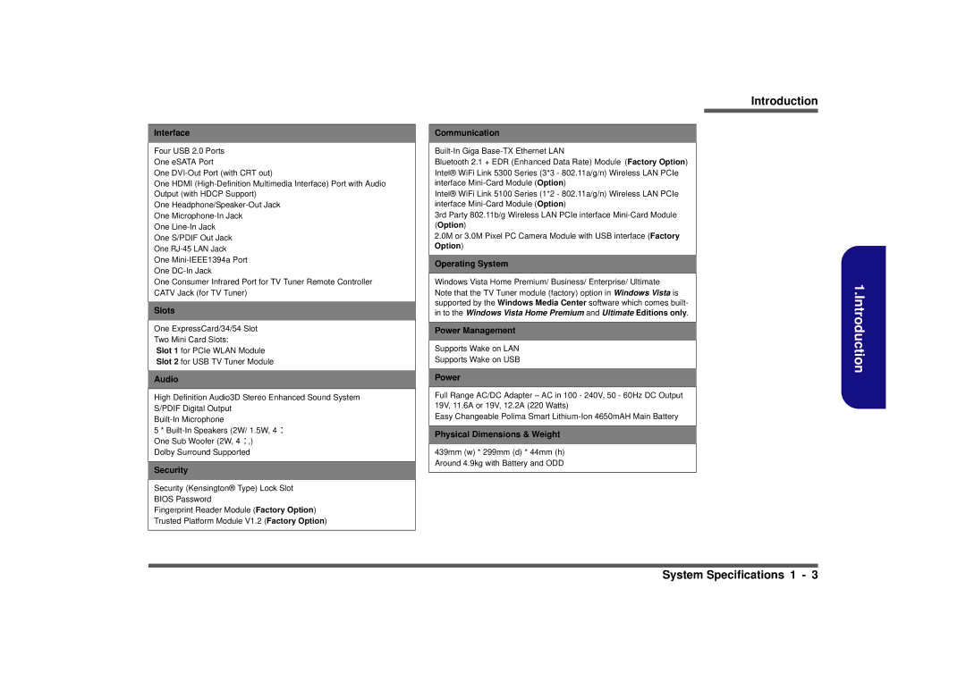 Intel M980NU manual System Specifications 1 