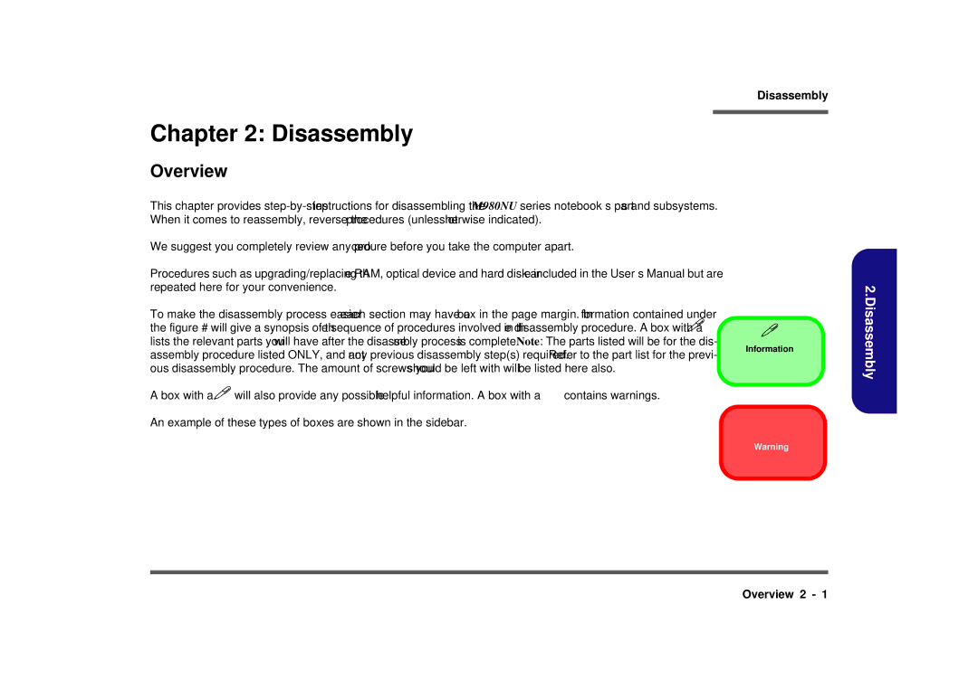 Intel M980NU manual Disassembly, Overview 