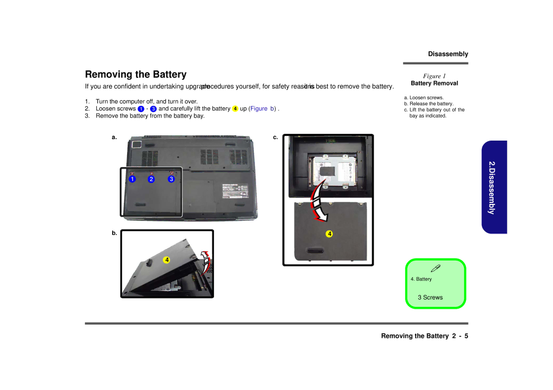 Intel M980NU manual Removing the Battery, Battery Removal 