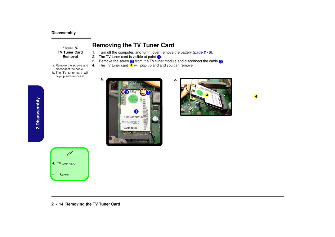 Intel M980NU manual Removing the TV Tuner Card, TV Tuner Card Removal 