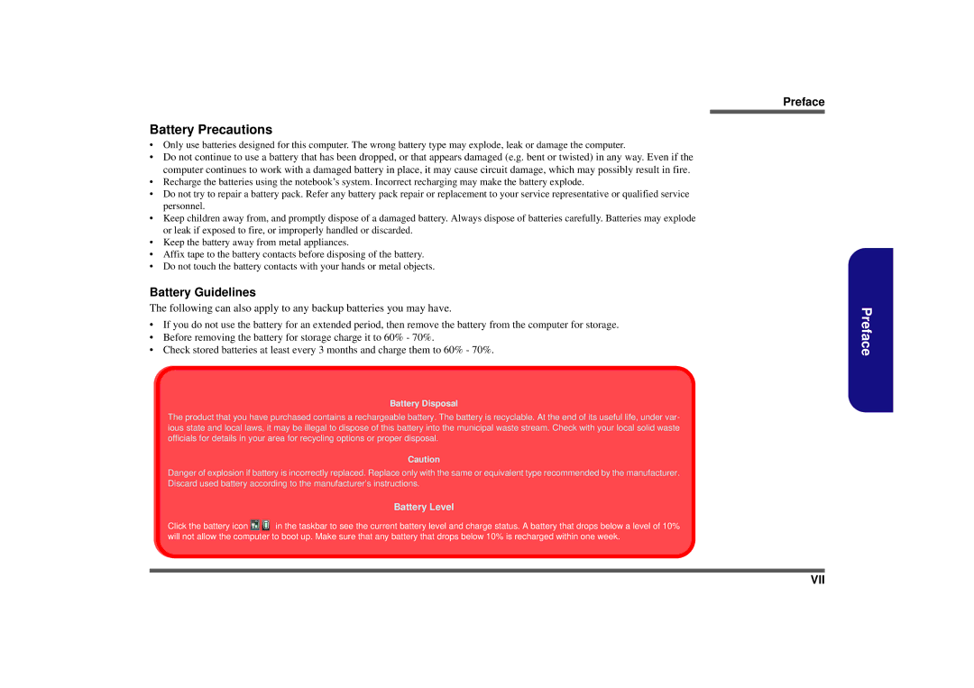 Intel M980NU manual Battery Precautions 