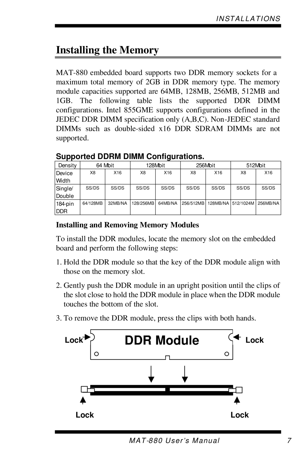 Intel MAT-880 Installing the Memory, Supported Ddrm Dimm Configurations, Installing and Removing Memory Modules, Lock 