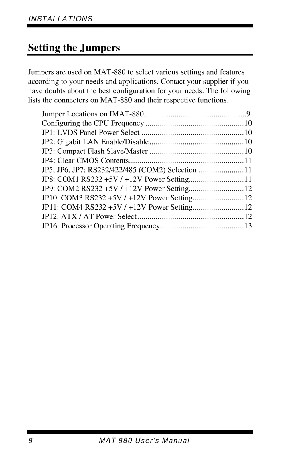 Intel MAT-880 user manual Setting the Jumpers 