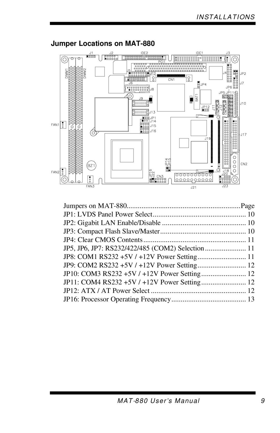 Intel user manual Jumper Locations on MAT-880 