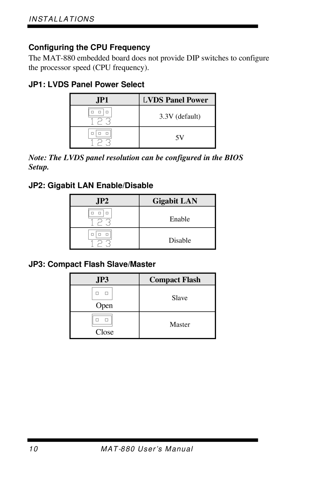 Intel MAT-880 user manual Configuring the CPU Frequency, JP1 Lvds Panel Power Select, JP2 Gigabit LAN Enable/Disable 