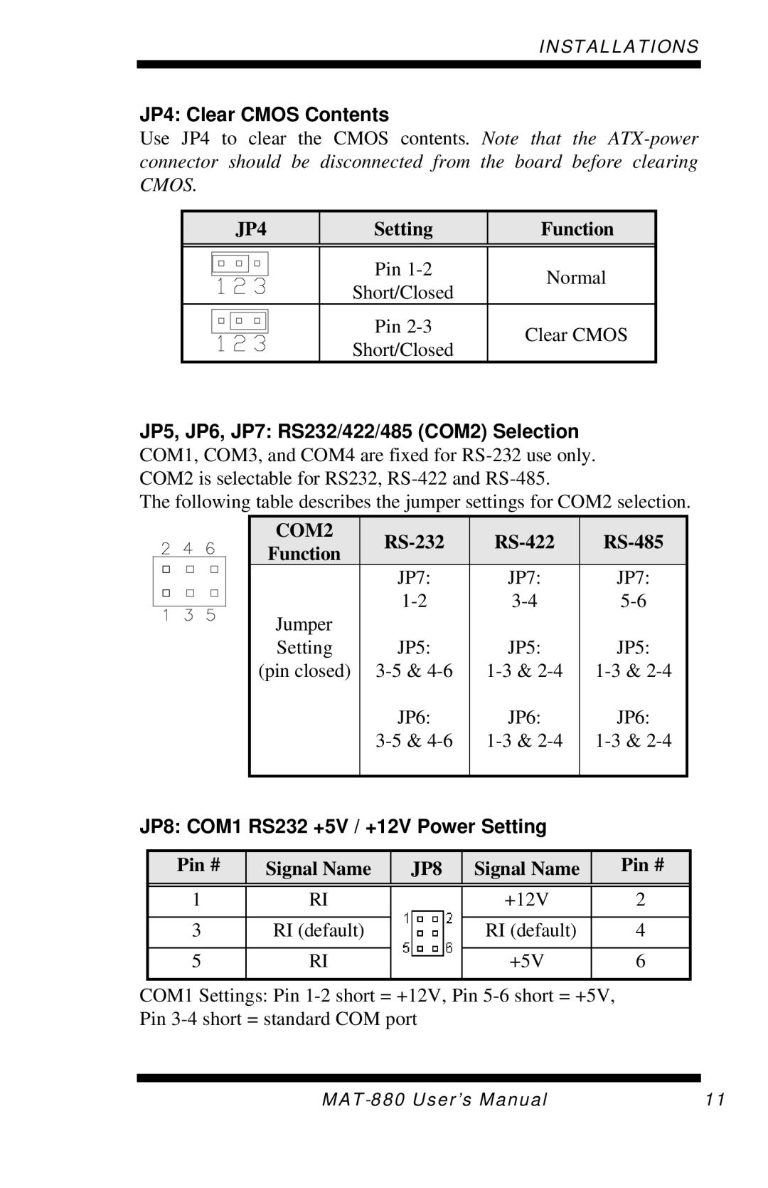 Intel MAT-880 user manual JP4 Clear Cmos Contents, JP8 COM1 RS232 +5V / +12V Power Setting 