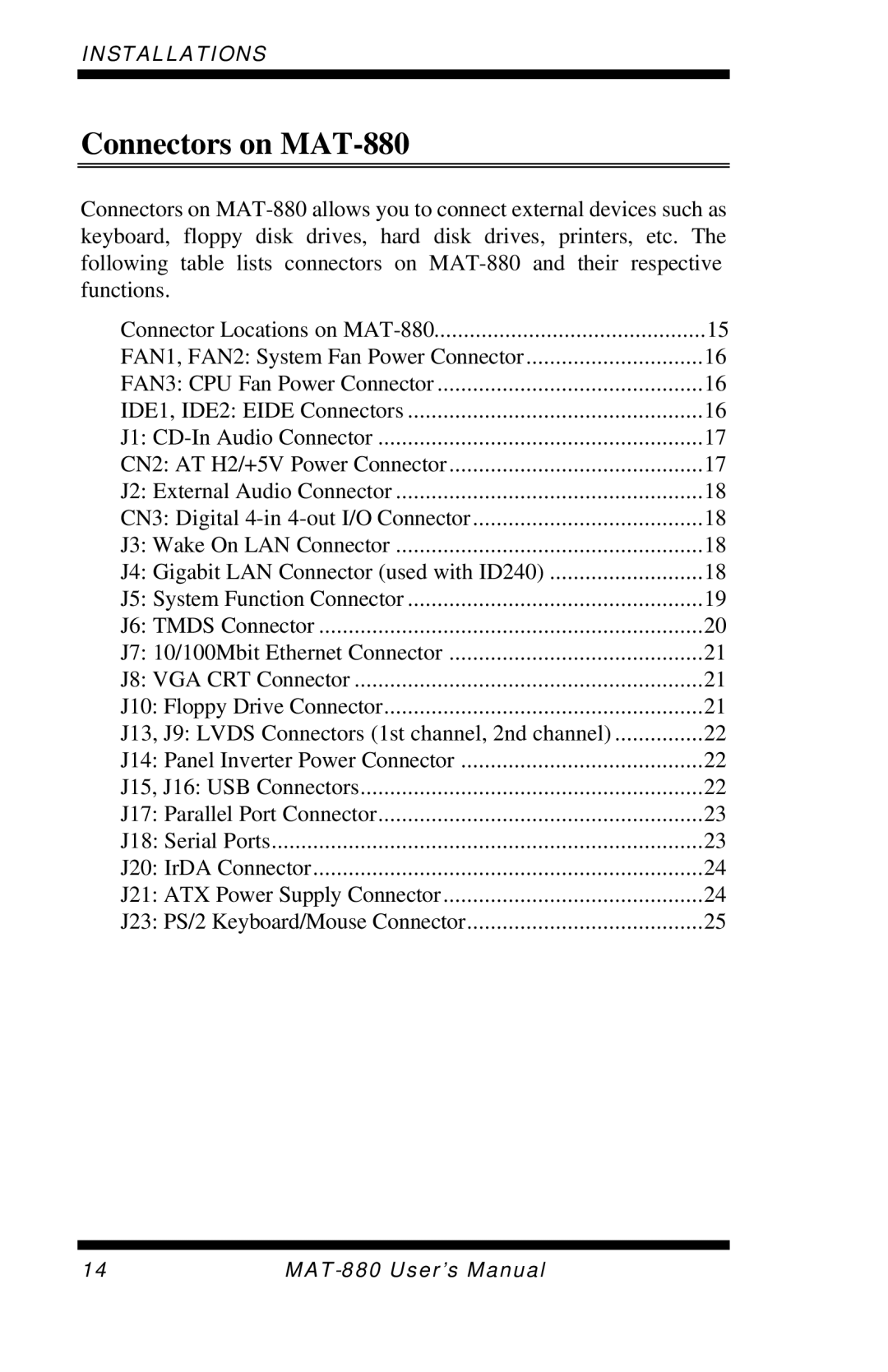 Intel user manual Connectors on MAT-880 