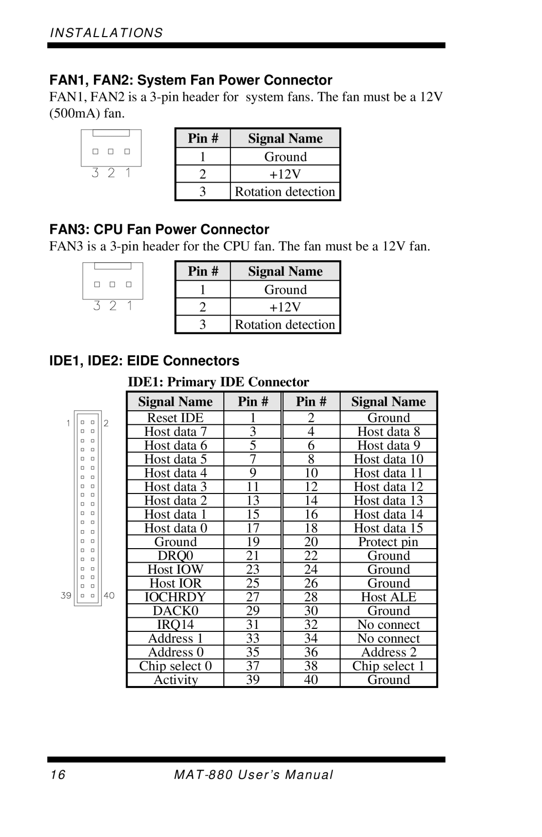 Intel MAT-880 user manual FAN1, FAN2 System Fan Power Connector, FAN3 CPU Fan Power Connector, IDE1, IDE2 Eide Connectors 