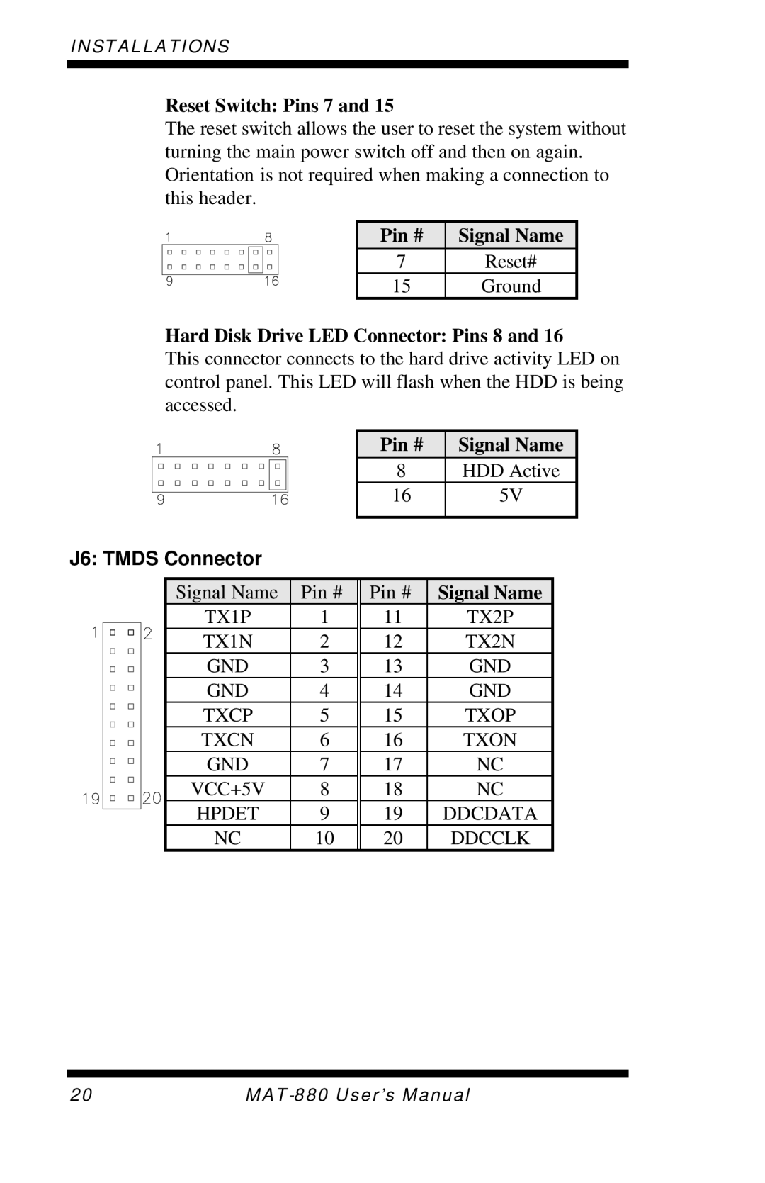 Intel MAT-880 user manual Reset Switch Pins 7, Hard Disk Drive LED Connector Pins 8, J6 Tmds Connector 