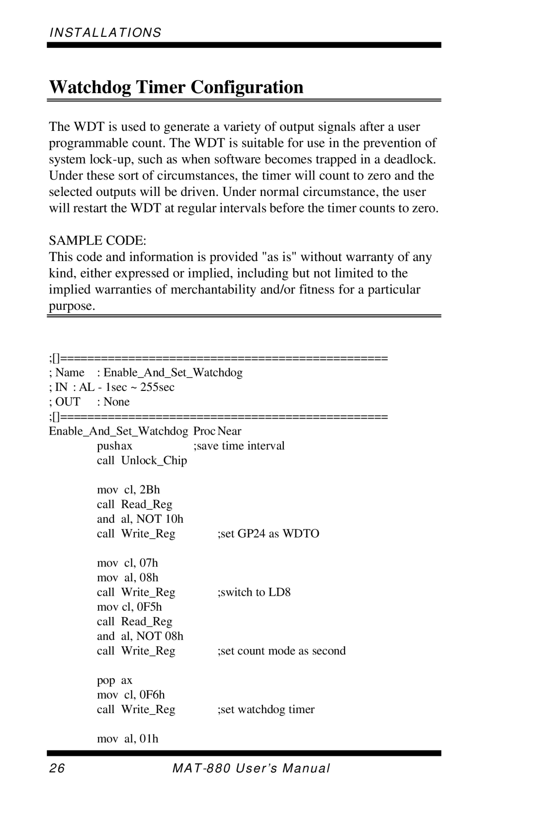 Intel MAT-880 user manual Watchdog Timer Configuration, Sample Code 