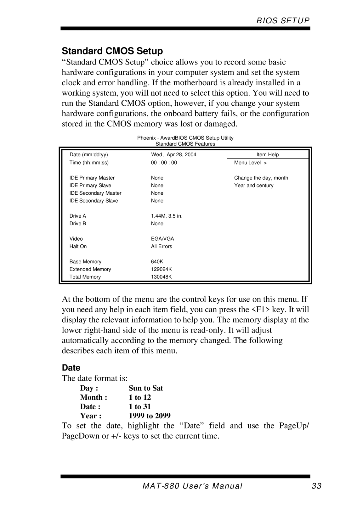 Intel MAT-880 user manual Standard Cmos Setup, Date 